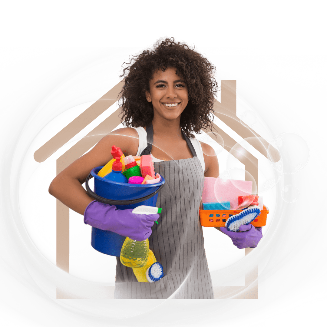 A woman holding two buckets of cleaning supplies.