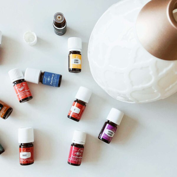 A table with many different bottles of oils